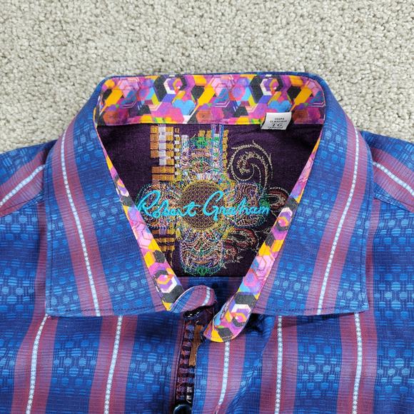 Robert Graham Shirt Mens XL Classic Fit Blue Red Embroidery Stripes Purple Cuffs - Picture 6 of 12